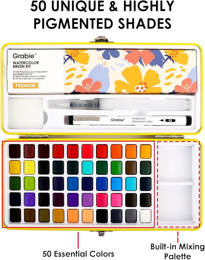 grabie 50 colors premium all-in-one water color paint set - detail paint brush included, watercolor paints, painting sets, art supplies, portable & travel watercolor set, amateur hobbyists