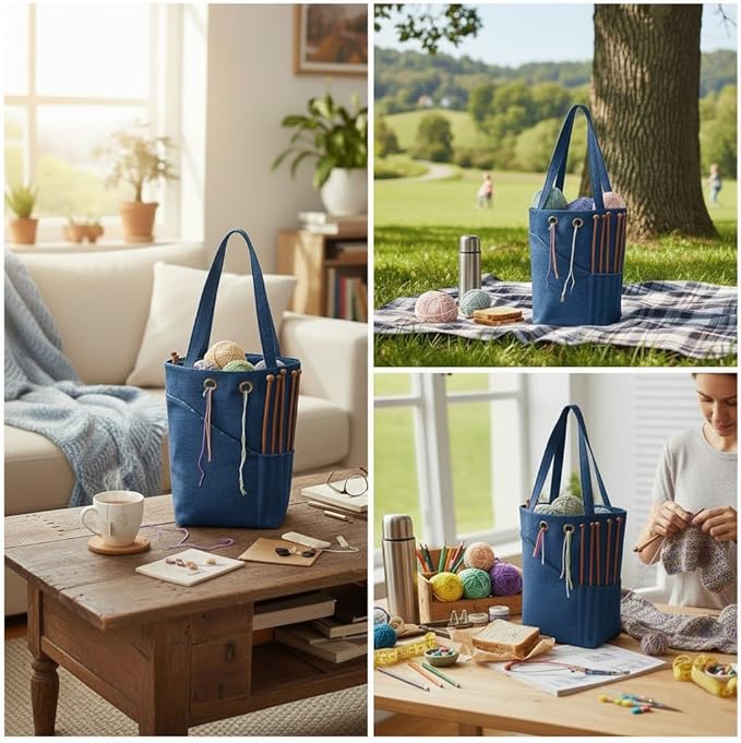 Linen Knitting Project Tote Bag,Portable Yarn Storage Bag for Crochet Accessories/Needles,Crochet Hooks Organizer,Knitting Bag for Crochet Lovers (Navy Blue)