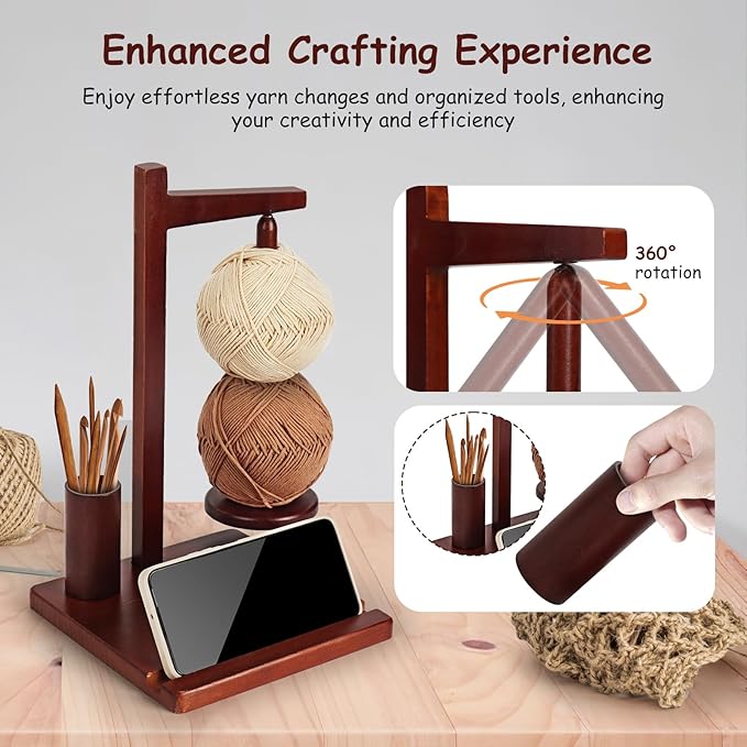 YIK TUNG Wooden Yarn Holder and Spinner for Crochet and Knitting,Magnetic Yarn Holder Rack Stand with 360° Rotation,Phone Stand,Crochet Hook Storage,Ideal Gift for Knitting Lovers,Women,Mom,Grandma