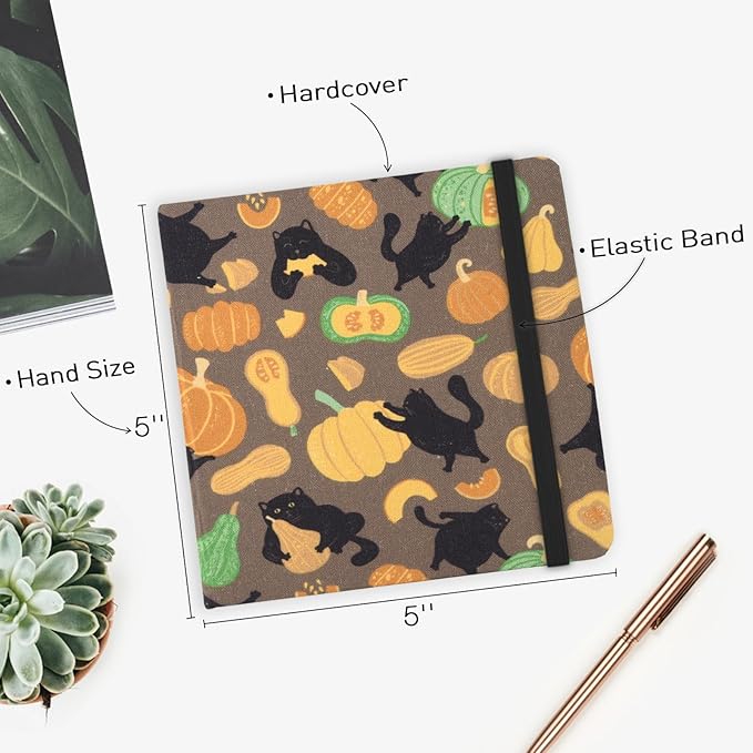 Handy Size 5 x 5 inches Sketch Book, 80GSM Acid Free Artistic Drawing Painting Writing Paper, Hardcover Cloth Cover Art Sketchbook,Journal Notebook.Pumpkin Cat