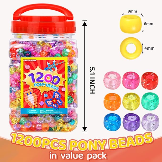 praisebank pony beads, 1200pcs 6x9mm, wholesale beads, bracelets jewelry making, arts & crafts(glitter)