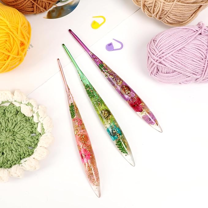 KOKNIT Ergonomic Crochet Hooks Set - 3 Sizes with Floral Resin Handles for Arthritis & Beginners, Comfort Grip for Hand Pain, Extended Soft Handle Design (Multicolor, 3.5-4-4.5mm)