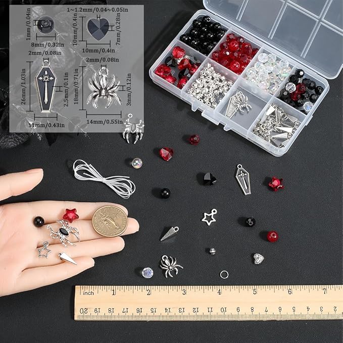 SUNNYCLUE 1 Box 6 Sets Halloween Bracelets Kit Coffin Spider Charms Gothic Charm Round Heart Star Bead Black Red Glass Spacer Beads for Jewelry Making Kits Women Adults DIY Bracelets Craft Gifts