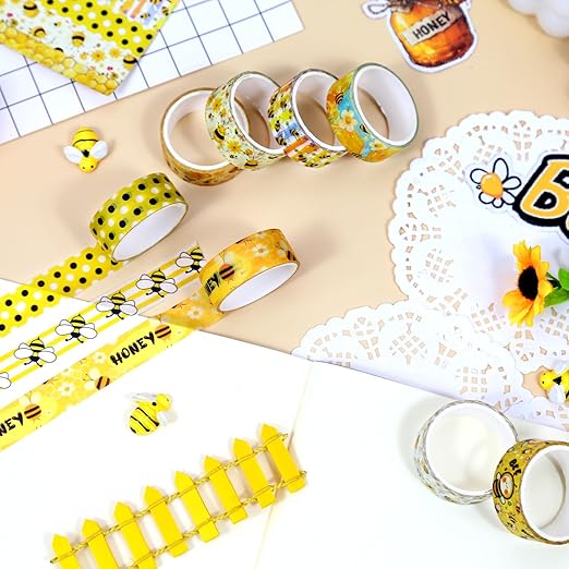 Bee Washi Tape Set,12 Rolls Honey Daisy Decorative Tape Yellow Black Bumblebee honeycombs Masking Tape for Journaling Supplies, Junk Journal, Scrapbooking, DIY Arts & Crafts, Gift Wrapping