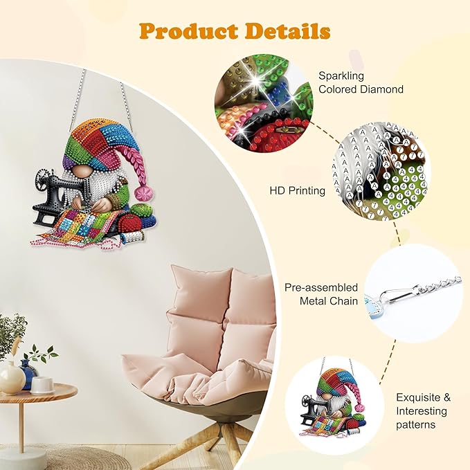 HEIBAGO Gnome Diamond Art Hanging Kits for Adults, 5D Special Shaped Crystal Diamond Painting Kit, DIY Pattern Window Pendant Gem Art Kit for Home Wall Decor 8.3 x 8.3 Inch