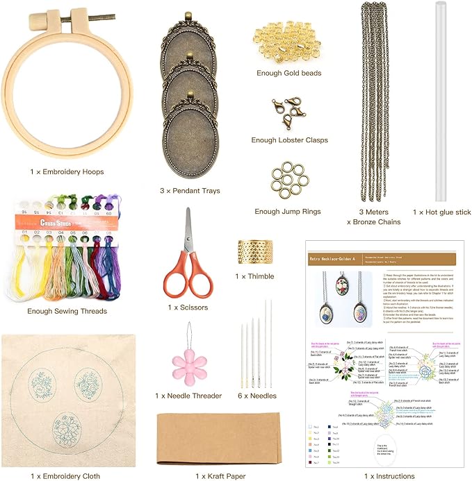 ZOCONE 3 Packs Embroidery Necklace Kit, Embroidery Pendant Kits Mini Cross Stitch Kit with Hoop, Necklace, Pendant, Beads, Stamped Pattern Cloth, Instructions, etc., Embroidery Kits for Adults