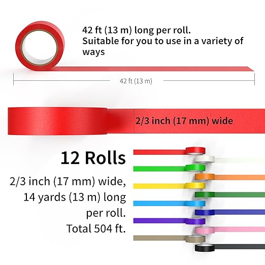 Colored Masking Tape, Color Painters Tape for Kids, 12 Rolls 2/3 inch Wide x 14 Yards Each, Colorful Paper Tapes Rainbow Colors for Labeling Packing, Painter Tape Variety Pack, Craft Tape