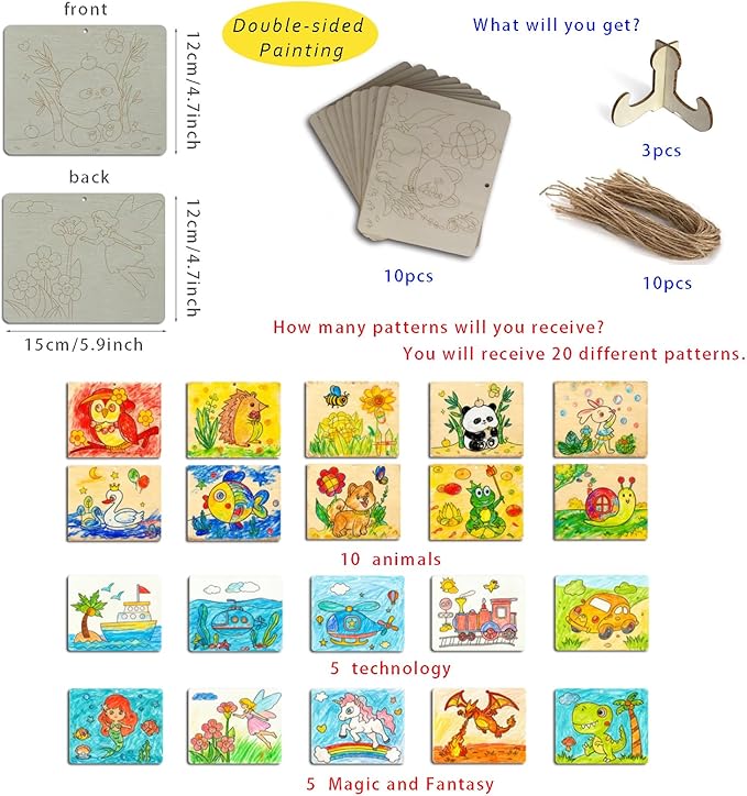 10pcs Wooden Ornaments to Paint - 5.9x4.7in Unfinished Wooden Shapes with Double-Sided Designs - Safe Rounded Corners,Hang or Display with Stand - Painting Kits for Kids Ages 4-8