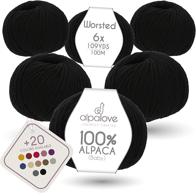 Worsted Set (6 x 1.75 oz) Super Soft Baby Alpaca Knitting Yarn Black 656 Yards