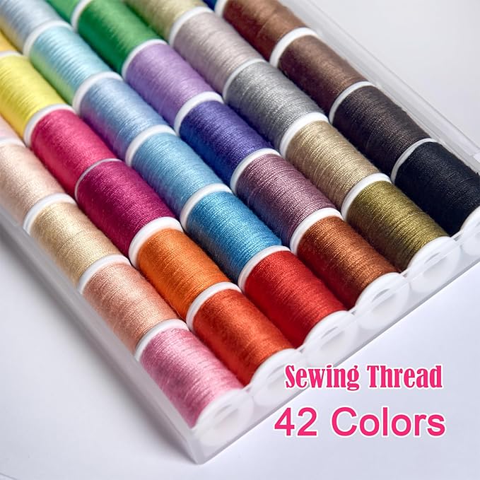 All Purpose Sewing Thread Set - 42 Assorted Rainbow Color Series and White Black Handy Polyester Thread Kit Includes 9 Hand Needles, 2 Needle Threaders, Suitable for Hand and Machine Sewing