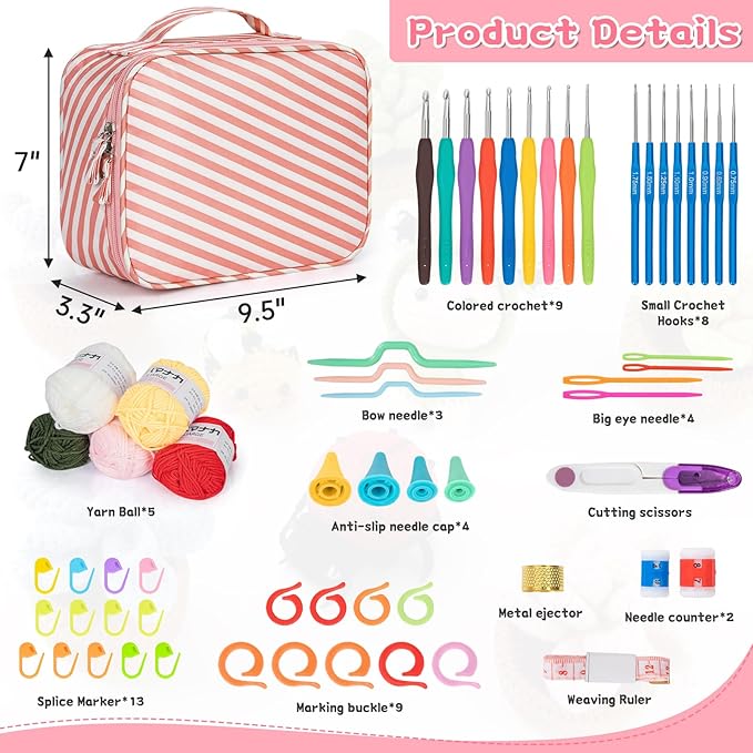 GMAK Crochet Kit for Beginners Adults, 59 PCS Crocheting Sets Include Yarn, Hooks and Tools, Portable Crochet Starter Kit for Making Variety Projects Crocheting Supplies, Pink Stripe
