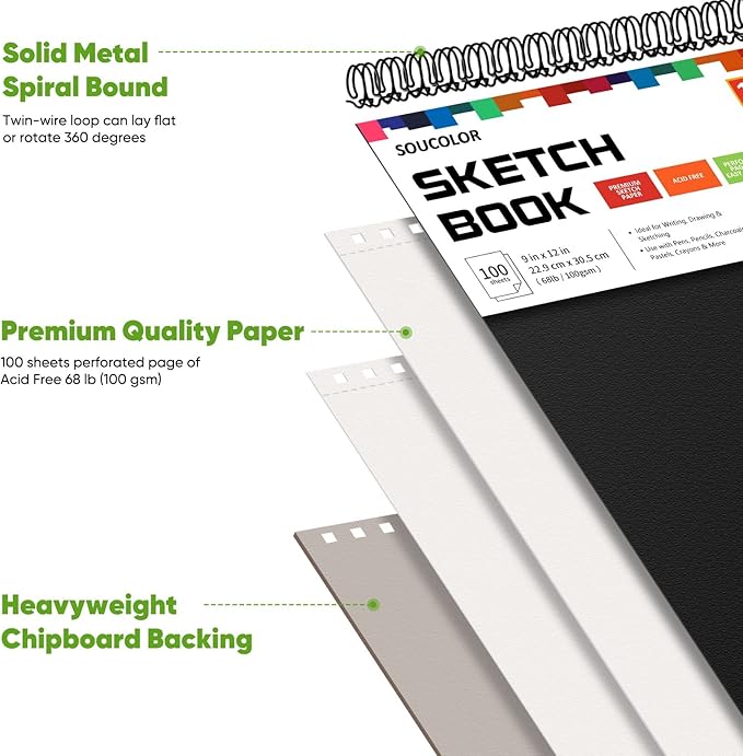 soucolor artist 9x12 sketch book set, 4 pack 100-sheet spiral drawing pads (68lb/100gsm) | acid-free drawing paper for adults art supplies, charcoal, graphite, pastel pencils & sticks