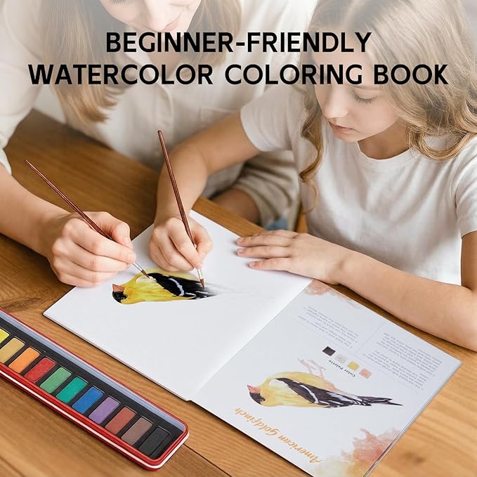 Watercolor Workbook, Water Coloring Book, Beginner Friendly Water Painting Book, Watercolor Sketchbook Paint Book with 12-Color Paint Set & Brush for Adults and Teens(Birds)