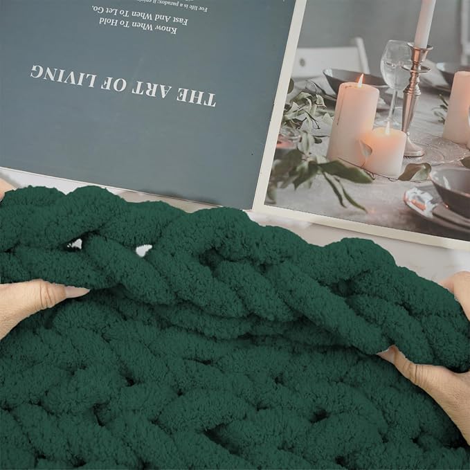 Chunky Yarn for Hand Knitting and Blankets – Super Soft Jumbo Chenille Yarn Pack for Crocheting, Bulky DIY Projects, 8 Skeins(Dark Green)