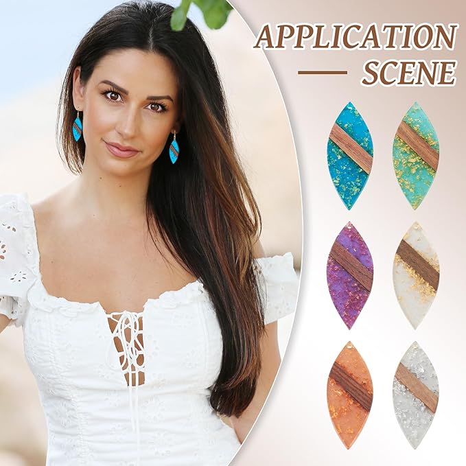 Beadthoven Leaf Natural Wood Earring Charms, 12Pcs/6 Pairs Colorful Clear Leaves Resin Charms with Gold Foil for DIY Dangle Wooden Earring Making Supplies