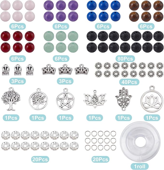 SUNNYCLUE 1 Box DIY 6 Pcs Yoga Charms Tree of Life Charms Bracelets Making Kit Hamsa Charm Lotus Flower Charms for Jewelry Making Beading Bracelet Kit Adults Tiger Eye Round Beads Lava Rock Bead Set