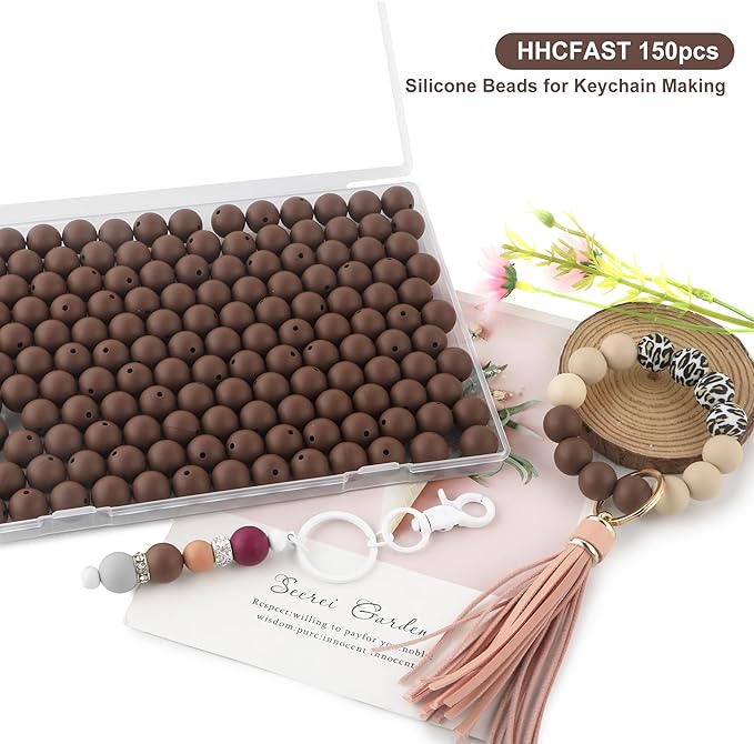 150 Pcs Silicone Beads, 15mm Round, Chocolate, for Keychain, Bracelet, Necklace Making and Pens