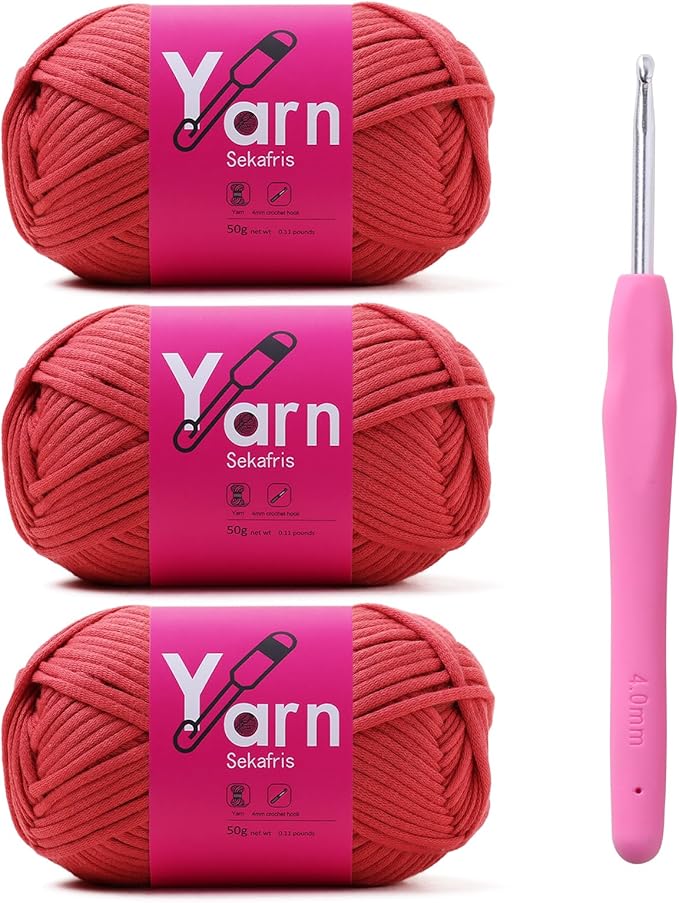 Crochet Yarn with Cotton Yarn for Crocheting - Crochet Knitting Yarn for Beginners with Easy-to-See Stitches - Yarn for Crocheting - Parfait Chunky Yarn -Cotton-Nylon Blend (Eraser red)
