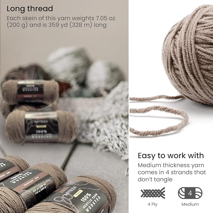 ARTEZA Acrylic Yarn for Crocheting, 4 x 200-g Skeins of Worsted Yarn for Knitting, Mushroom A302, Knitting & Crochet Supplies