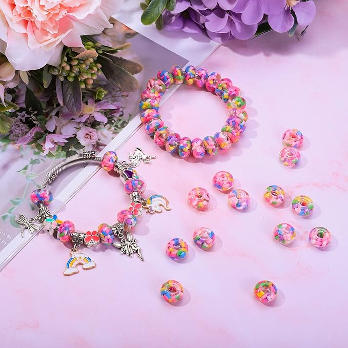 AIPRIDY Girls' Lucky Beads Lover Amber Beads, Big Hole Spacer Beads European Craft Beads for DIY Charms Bracelet Jewelry Making (Cylinder Pink)