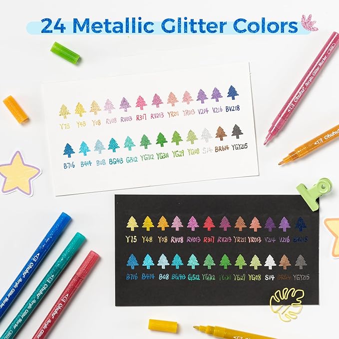 Ohuhu Acrylic Glitter Markers, 24 Metallic Glitter Colors, Fine Tip Paint Pens for Fine Details & Shimmer Accents, Water-Based & Quick Dry, for DIY Crafts, Cards, Journals, Wood & Rock Painting