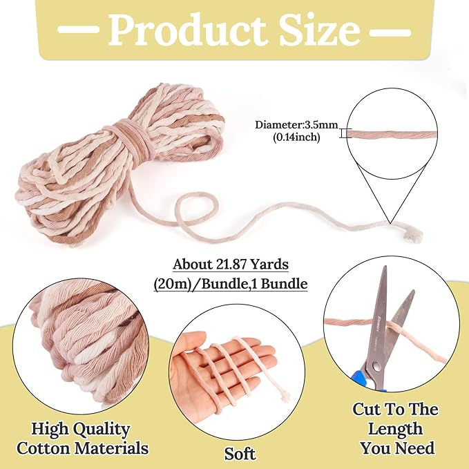 21.87 Yards Camel Single Strand Macrame Cord 3.5mm Gradient Colored Cotton Cord Colorful Twine Bohemia Soft Cotton Rope Yarn for DIY Crafts Knitting Crochet Wall Plant Hanger Home Project