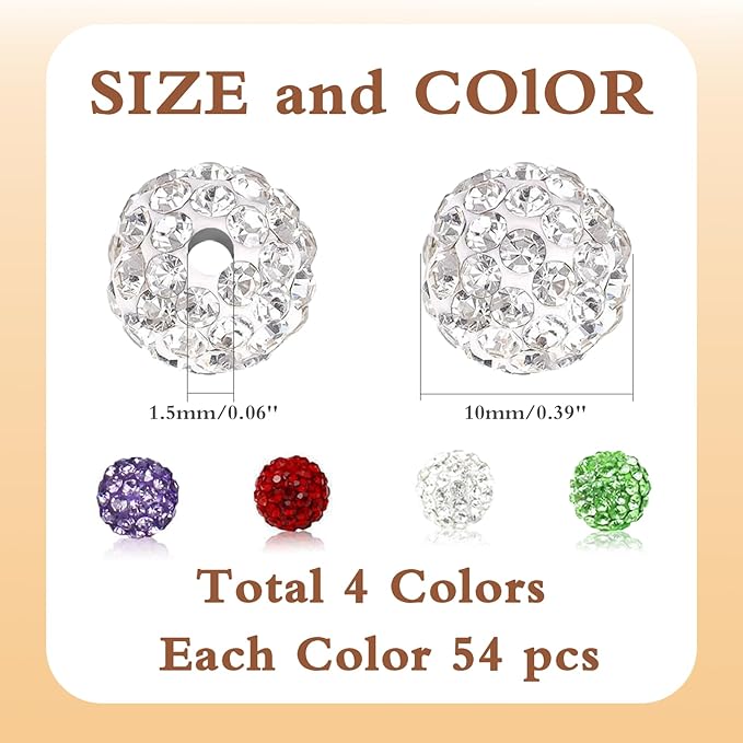 216 Pcs 10mm Clay Rhinestone Beads, Glitter Sparkle Baseball Bead, Shiny Disco Ball Design Beads for Jewelry Making, Craft Supplies for Adult Bracelets Necklaces Earrings Decoration (Kit 4)