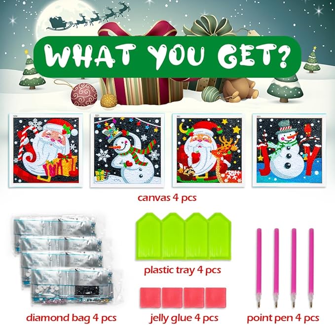 Labeol Diamond Art Kits for Kids Crafts for Girls Ages 6-8-10-12 Easy to DIY Creative Diamond Art Sticker Craft by Numbers Kits for Kids and Adult Beginners (4 Pack Christmas)