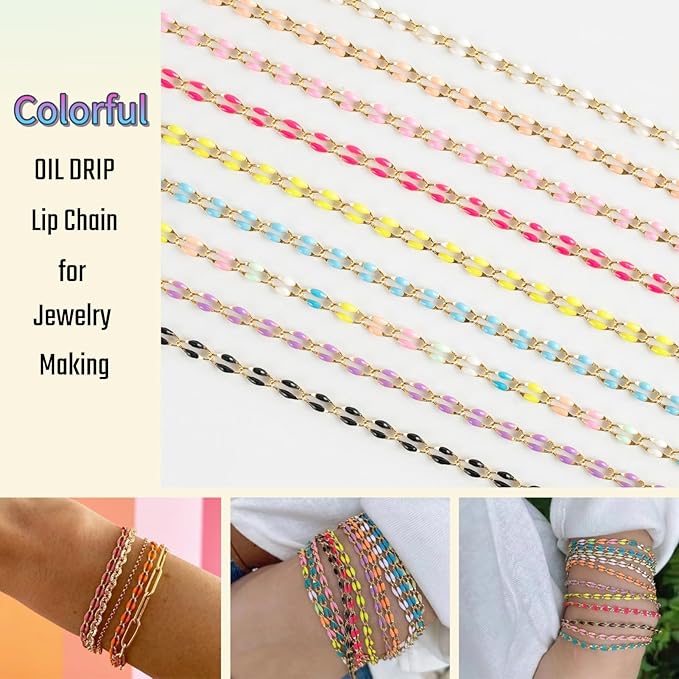 Mixed Color Enamel Cable Rolo Chains Bulk Oil Drip Rainbow Necklace Bracelet DIY Jewelry Making Supplies Gold Plated Brass Chain Roll