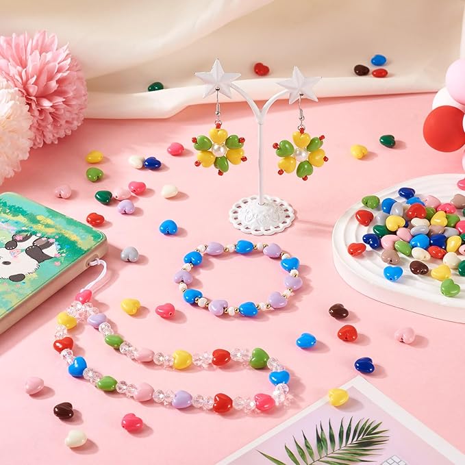 FASHEWELRY 130Pcs Macaron Colors Acrylic Heart Beads Candy Color Love Heart Beads Cute Sweet Pony Bead Bulk for Valentine Day Bracelet Necklace Jewelry Making