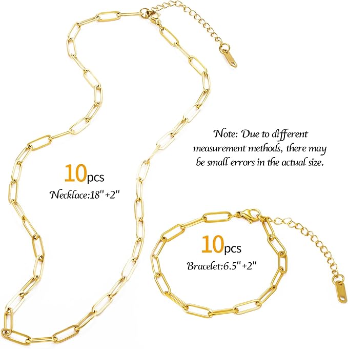 20 Pcs Chain Necklace Bracelets Kit, 18K Gold Paperclip Chain, Including 18 Inch Necklace & 6.5 Inch Charm Bracelet with Lobster Clasps, Perfect for Women DIY Jewelry Making