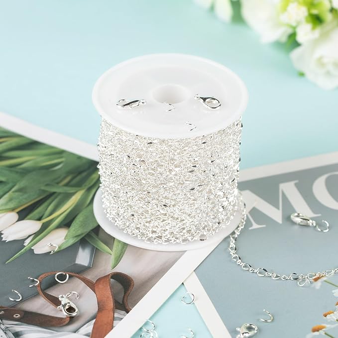 YOUBEIYEE 32.8 Feet Silver Chain for Jewelry Making Silver Plated Brass Link Chain Women Necklace Bracelet DIY Jewelry Chain Roll