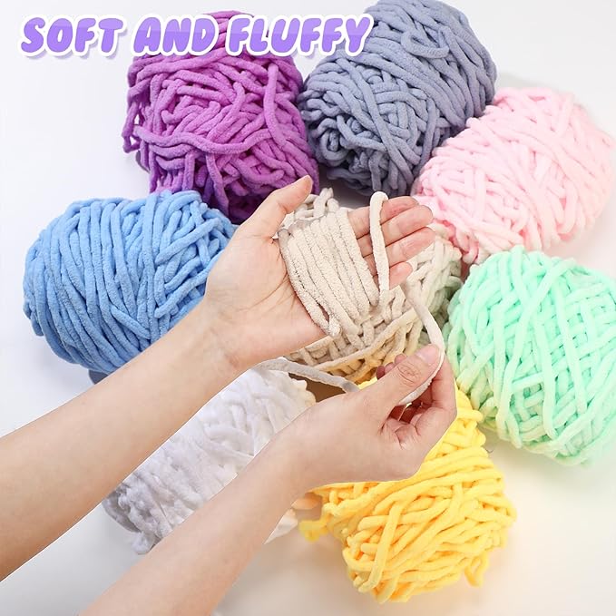 Buryeah 8 Pack Chunky Chenille Yarn for Crocheting Soft Thick Fluffy Yarn for Hand Knitting Bulky Velvet Blanket Plush for Weaving DIY Crafts Each 3.5 oz 55 Yards (Vivid Colors)