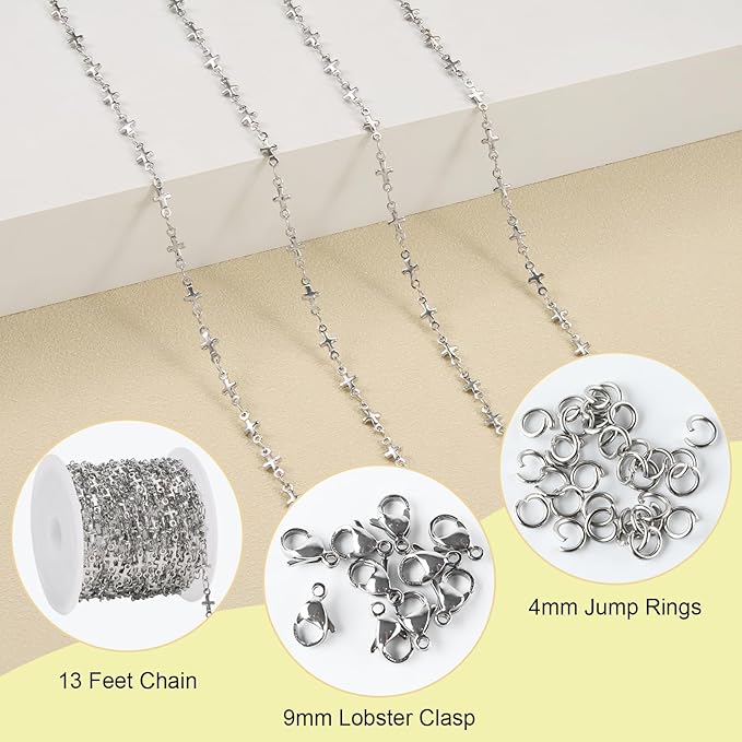 SMYHTGLIF 4 Meters Stainless Steel Cross Jewelry Making Chains Silver Chain Bulk for Jewelry Making DIY Jewelry Findings