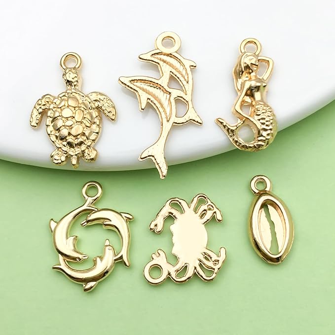 Sailanzi 100pcs KC Gold Underwater World Style Series Pendant Jewelry Making DIY Keychain Earrings Pendant Various Design Charms for Jewelry Making Bracelets Necklace(SN884)