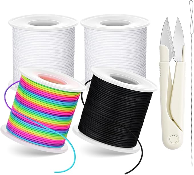 Stretchy Bracelet String Kit with Scissors & Beading Needle, 4 Rolls Elastic String for DIY Crafts, 1mm Stretchy Cord for Jewelry Making Sewing Necklace Beading, 660FT, (Black, White, Rainbow)