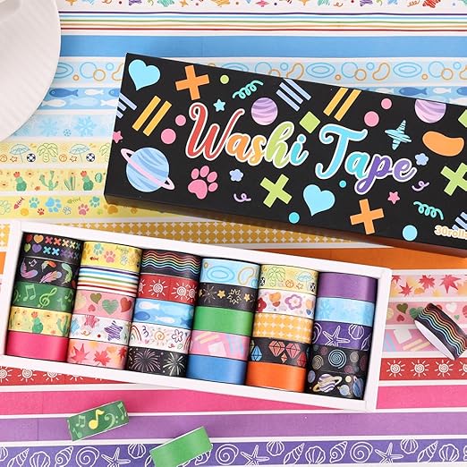 30 Rolls Colorful Theme Washi Tape Set with Different Colorful Patterns, Writable Decorative Tapes for Scrapbooking, Junk Journal Supplies, Bullet Journaling, 0.6'' x 79'' per Roll