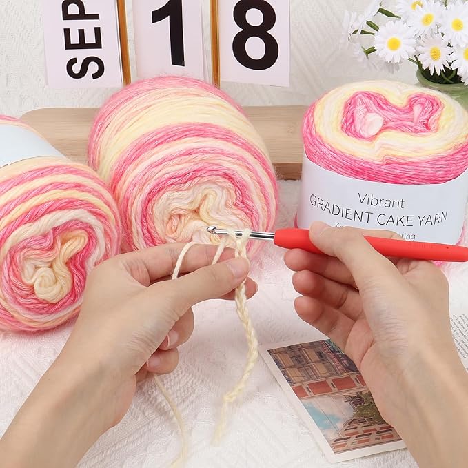 Aeelike Ombré Yarn for Crocheting, 3 Skeins Gradient Cake Yarn 100g (3.52 oz) 245m (267 Yards) # 3 Light Weight - Soft Yarns with Vibrant Colors for Making Blanket Scarves, Pink Yellow Gradient