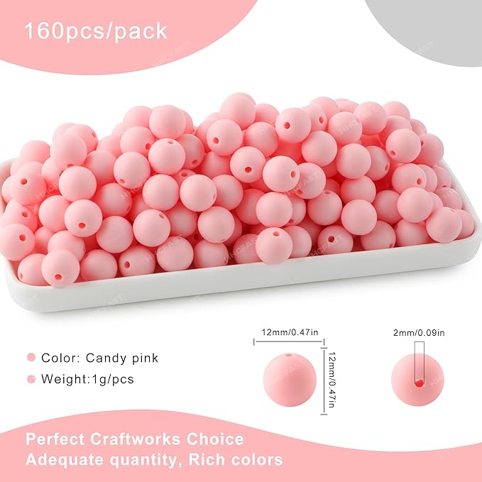160Pcs 12mm Silicone Beads for Keychain Making Bracelet Necklace, Bulk Round Silicone Beads for Pens(Candy Pink)