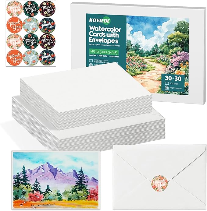 30 Pack Blank Watercolor Cards with Envelopes 4 x 6 Inch - 140lb/300gsm 100% Cotton Non-Folded Watercolor Paper for Wedding Invitations, Birthday Cards, Thank You Notes & DIY Art Projects