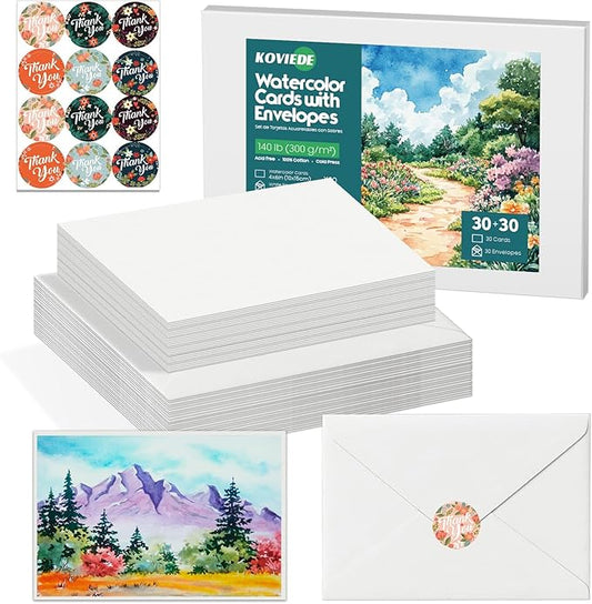 30 Pack Blank Watercolor Cards with Envelopes 4 x 6 Inch - 140lb/300gsm 100% Cotton Non-Folded Watercolor Paper for Wedding Invitations, Birthday Cards, Thank You Notes & DIY Art Projects