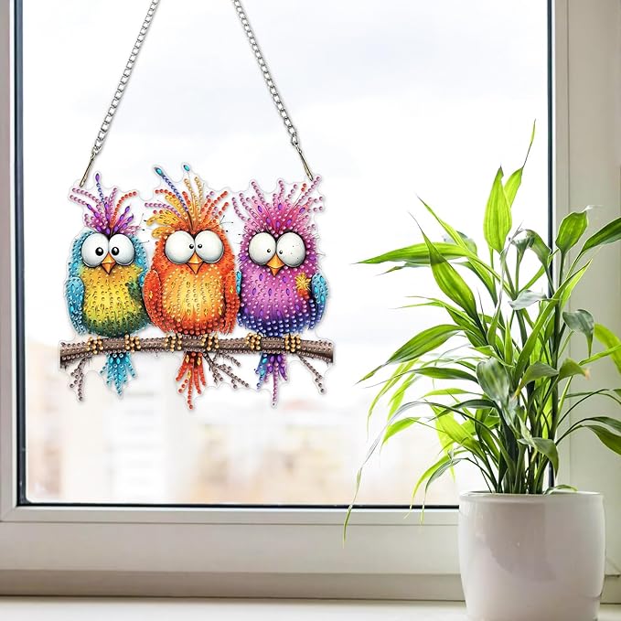 NAIMOER Funny Birds Diamond Art Hanging Kits for Adults 5D Special Shaped Rhinestone, DIY Acrylic Diamond Art Painting Window Pendants Home Garden Wall Hanging Ornament Kits, Double Sided