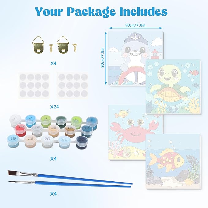 Lxmsja 4 Pack Ocean Pals Adventure Paint by Numbers Kit for Adults, Easy Framed Paint by Numbers for Adults Beginner, DIY Acrylic Oil Painting Craft Kits for Home Wall Decor 8x8 inch
