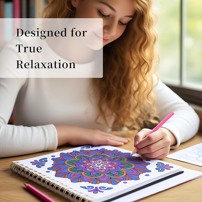 Mandala Coloring Book for Adults Relaxation and Teens Stress Relief, Spiral Coloring Book for Women, Hard Cover Spiral Bound Mindfulness Stress-Free Patterns for Adult to Relax Relieve Anxiety Gifts
