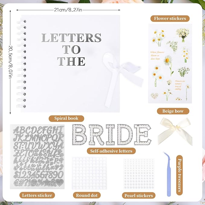 Mioxskrey Letters To The Bride Scrapbook Wedding Bridal DIY Blank Paper Memory Scrapbook Wedding Albums Supplies with Pearl Stickers, Bows, Metallic Letters, Flower Stickers, Tweezers, 8x8 Inch, White