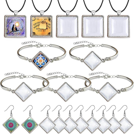 Pendant Trays Kit with Cabochon Glass, Square Pendant Bezel Trays Bracelet Blank Bangles Earrings Hooks Blanks for DIY Photo Cameo Jewelry Making Crafts