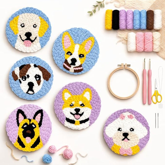 Punch Needle Coaster Kit for Adults Beginners, Easy Punch Embroidery Starter Set with Instructions – Fun Mug Rug Making Kit for Table Decor & Festival DIY Gifts (6pcs Cute Dogs)