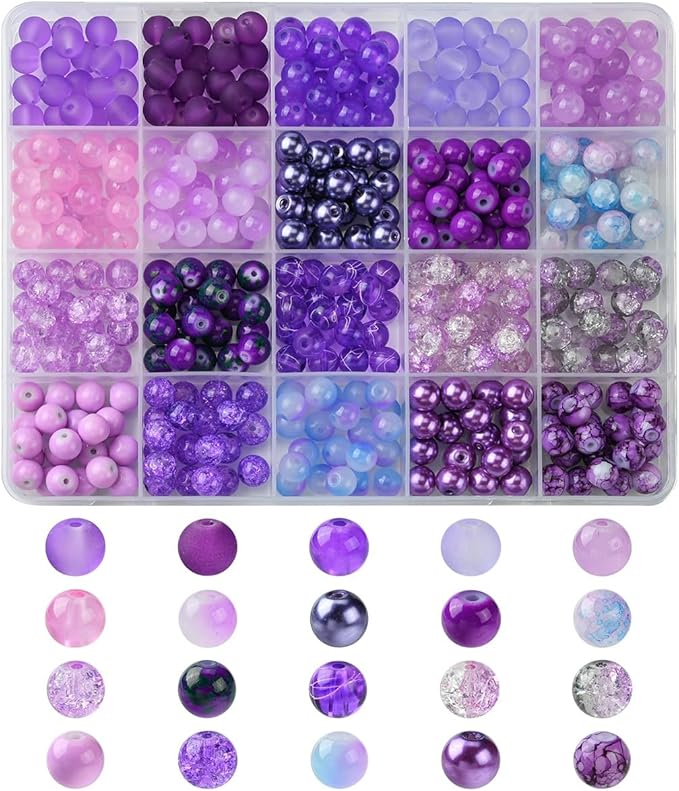 Echoed Elegance 8 Color Gradient Glass Beads Kit - 400pcs 8mm Round Beads for DIY Jewelry Making, Bracelets, Necklaces - Mixed Blending Color Craft Beads with Storage Box (Purple)