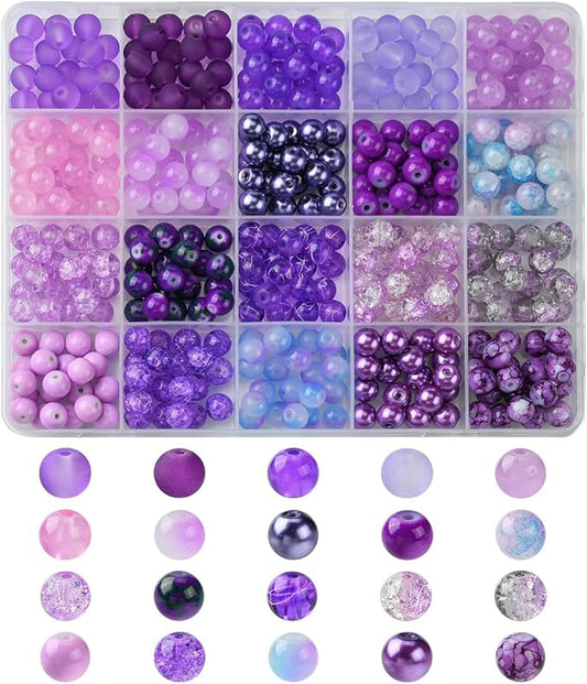 Echoed Elegance 8 Color Gradient Glass Beads Kit - 400pcs 8mm Round Beads for DIY Jewelry Making, Bracelets, Necklaces - Mixed Blending Color Craft Beads with Storage Box (Purple)