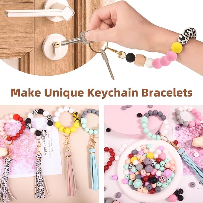 CZWZ 141pcs Silicone Beads for Keychain Making Kit 15mm 12mm Round 14mm Polygonal Silicone Loose Beads Bulk for Pens Bracelet Necklace Crafts Making